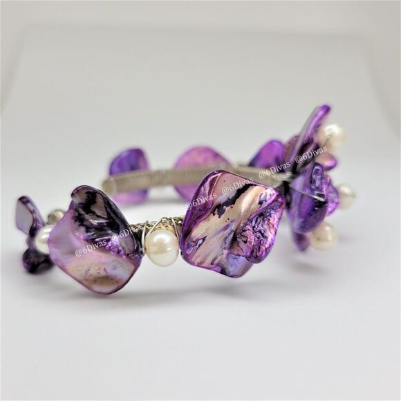 PURPLE Sea Shells and Pearls Floral Cuff Bracelet - Adjustable - Picture 8 of 9